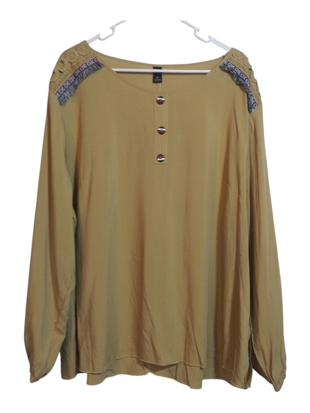 Emery Rose Tan Boho Long-Sleeve Embellished Shoulder Top Lightweight Size 5XL